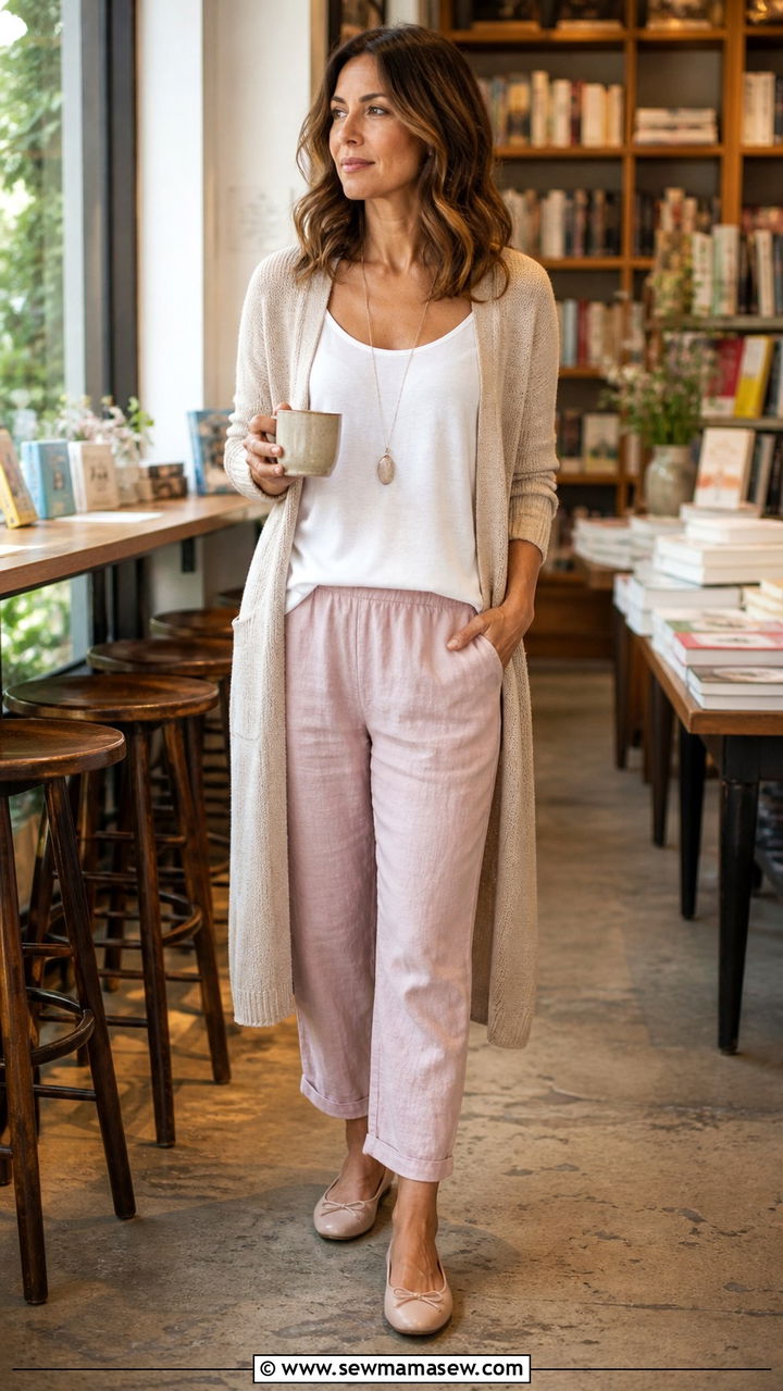 Linen pants with cardigan and ballet flats - 40 linen pants outfits for women