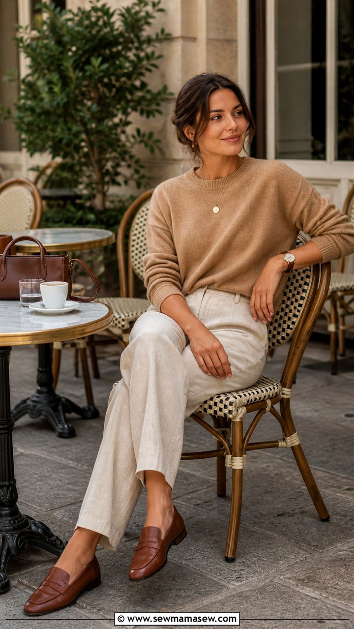 Linen pants with cashmere sweater and loafers - 40 linen pants outfits for women
