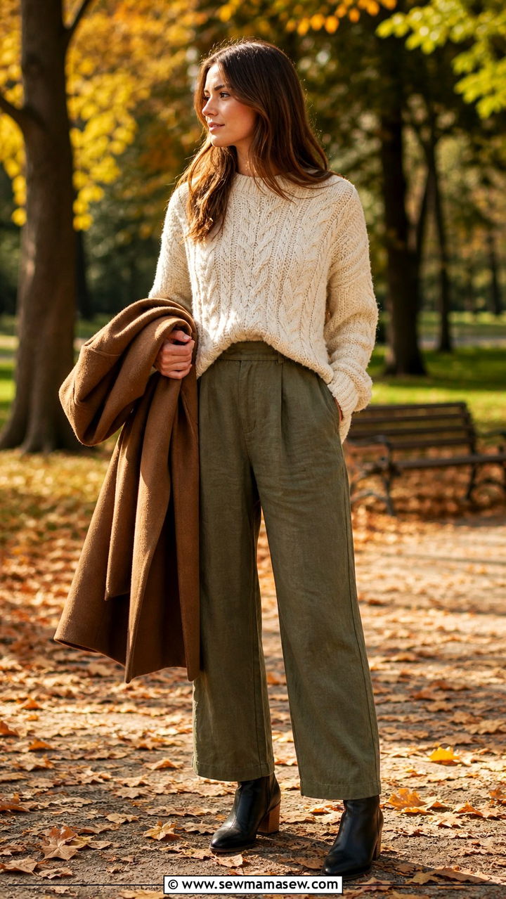 Linen pants with chunky knit sweater and ankle boots - 40 linen pants outfits for women