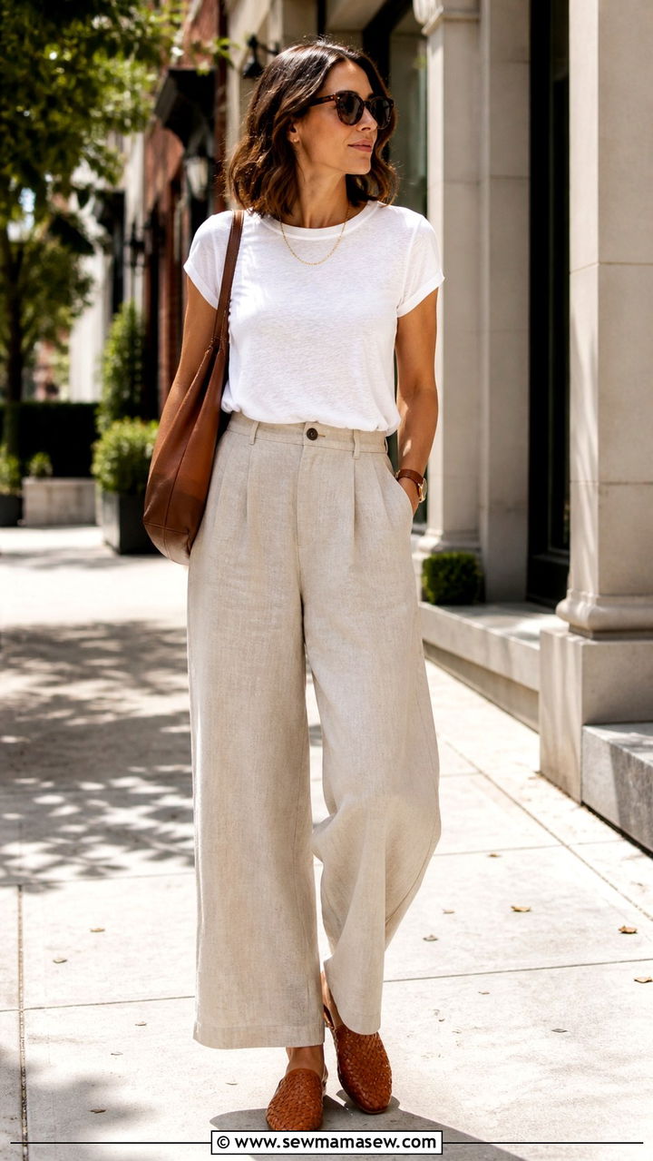 Linen pants with classic white tee and woven mules - 40 linen pants outfits for women