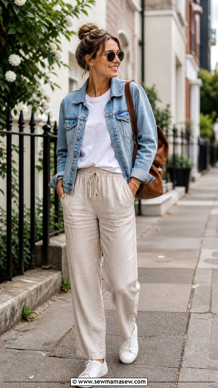 Linen pants with denim jacket and white sneakers - 40 linen pants outfits for women