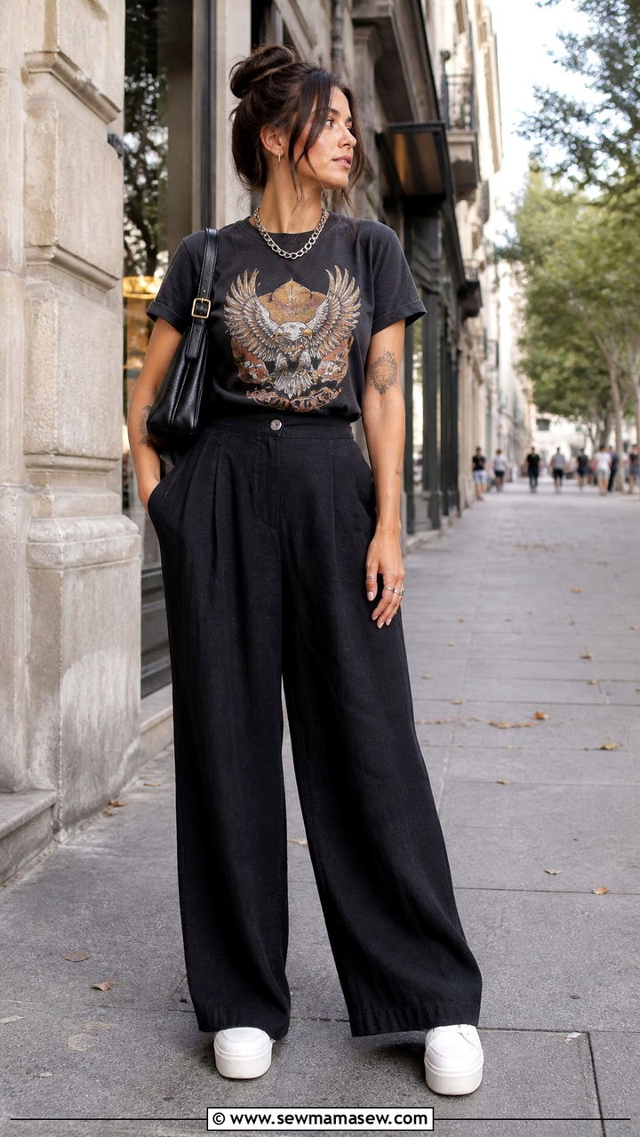 Linen pants with graphic tee and platform sneakers - 40 linen pants outfits for women