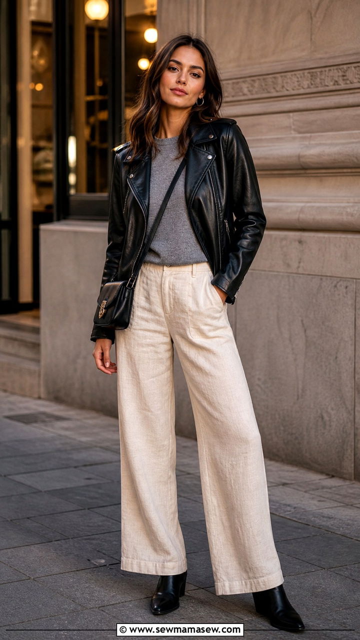 Linen pants with leather jacket and ankle boots - 40 linen pants outfits for women