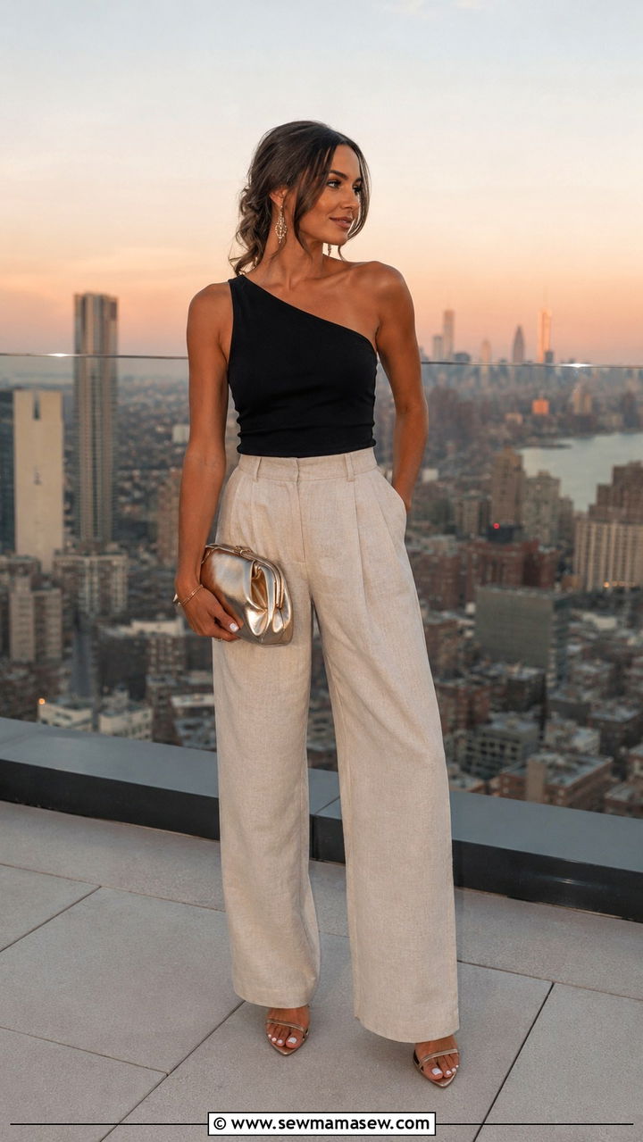 Linen pants with one shoulder tank top - 30 Linen pants outfit ideas with a tank top