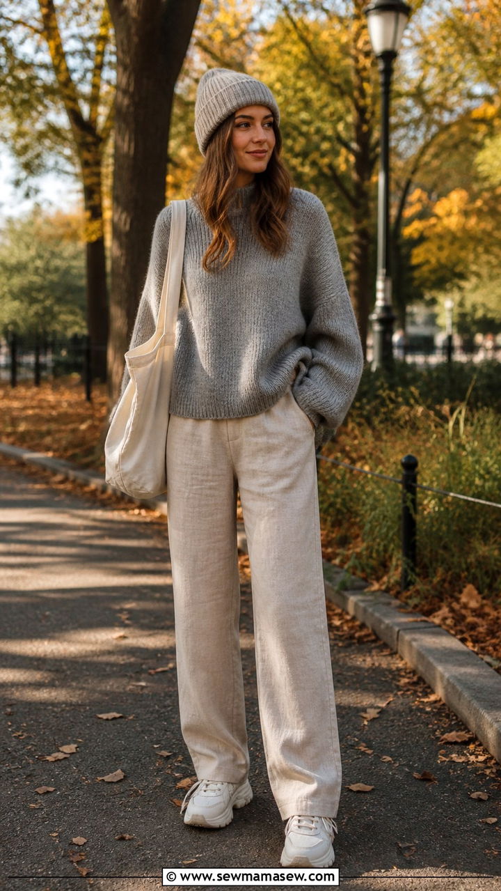 Linen pants with oversized sweater and chunky sneakers - 40 linen pants outfits for women