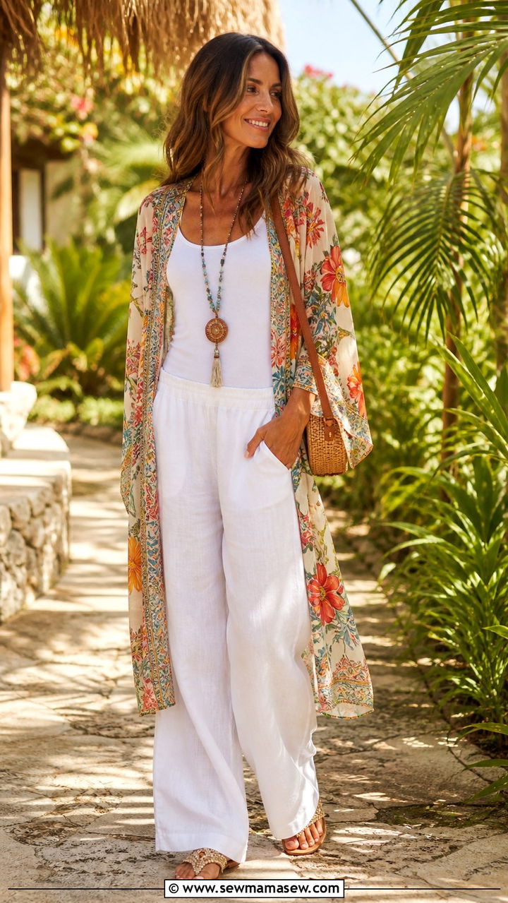 Linen pants with printed kimono and beaded sandals - 40 linen pants outfits for women