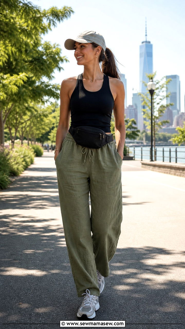 Linen pants with racerback tank and athletic sneakers - 40 linen pants outfits for women