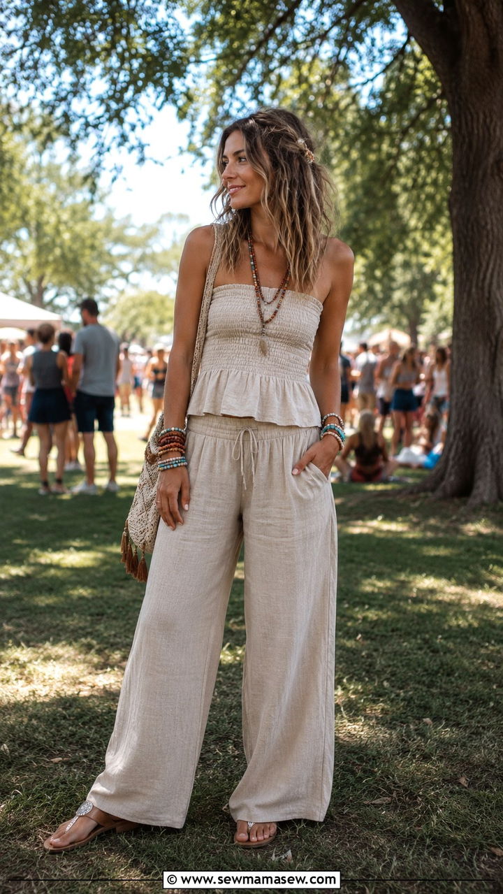Linen pants with smocked tank top - 30 Linen pants outfit ideas with a tank top