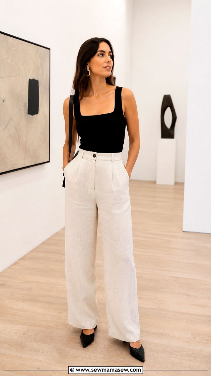 Linen pants with square neck tank top - 30 Linen pants outfit ideas with a tank top