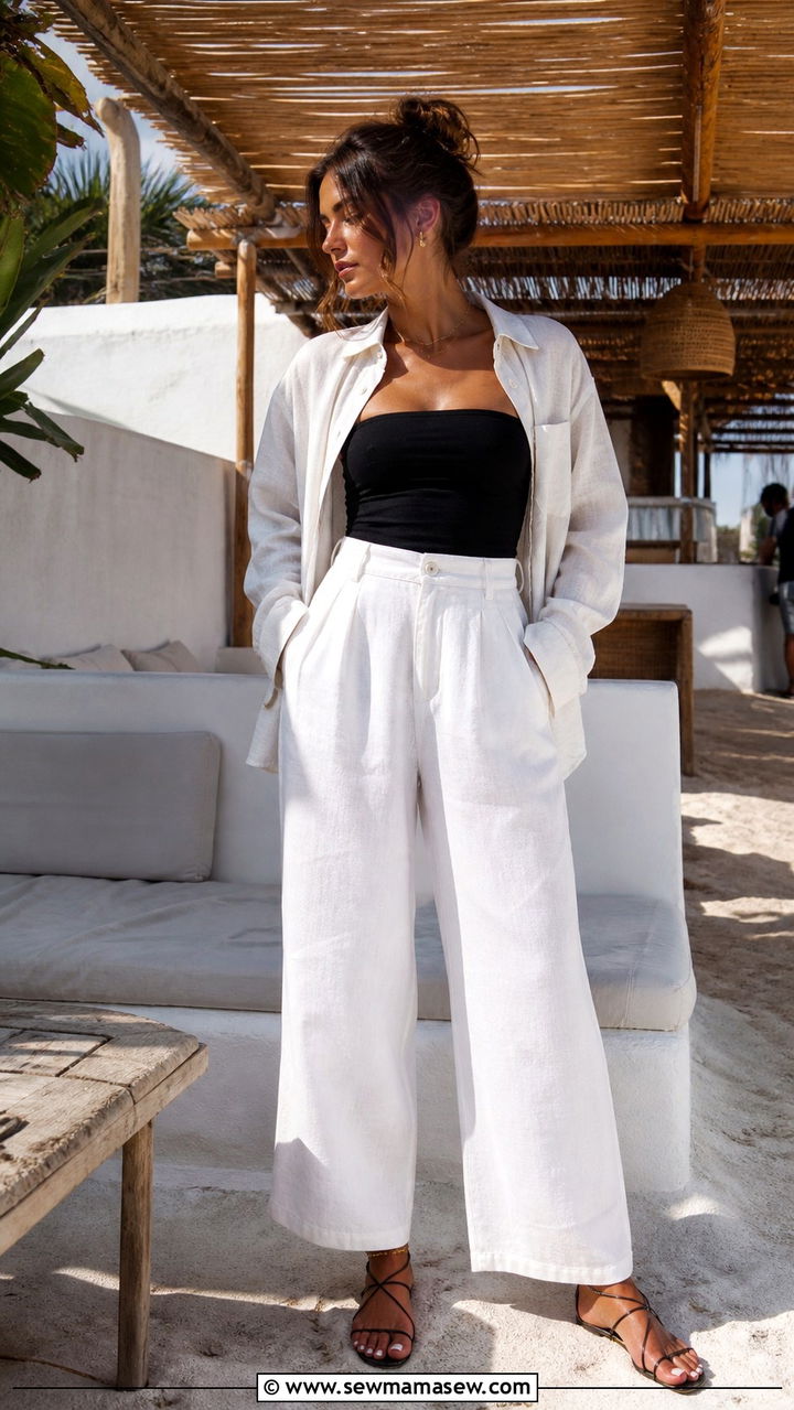 Linen pants with tube top and strappy sandals - 40 linen pants outfits for women