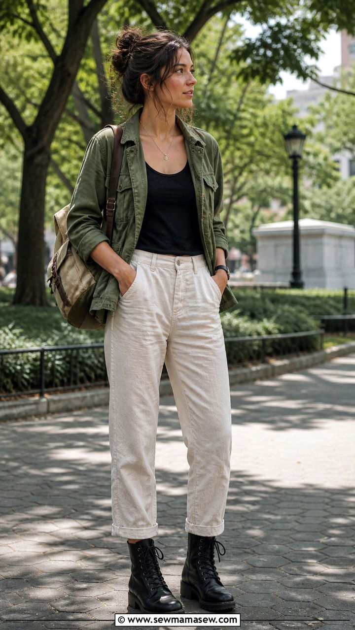 Linen pants with utility jacket and combat boots - 40 linen pants outfits for women