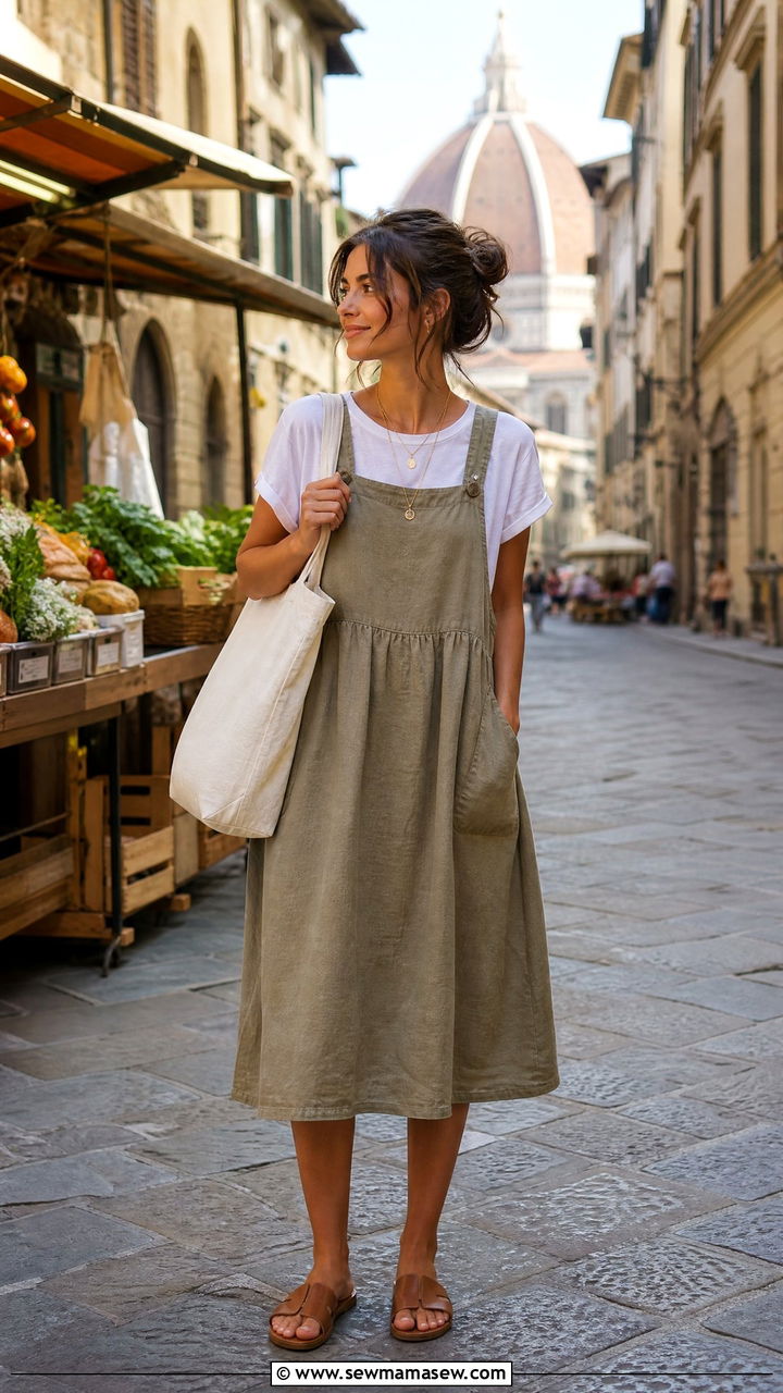 Linen pinafore dress and tee Italy - 25 Italy outfits inspo