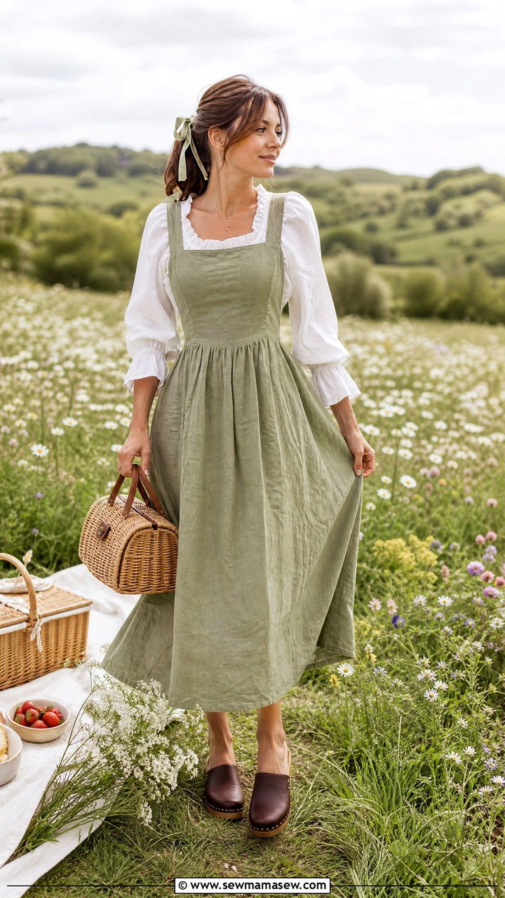 Linen pinafore dress over ruffled blouse - 25 classy cottagecore outfit ideas