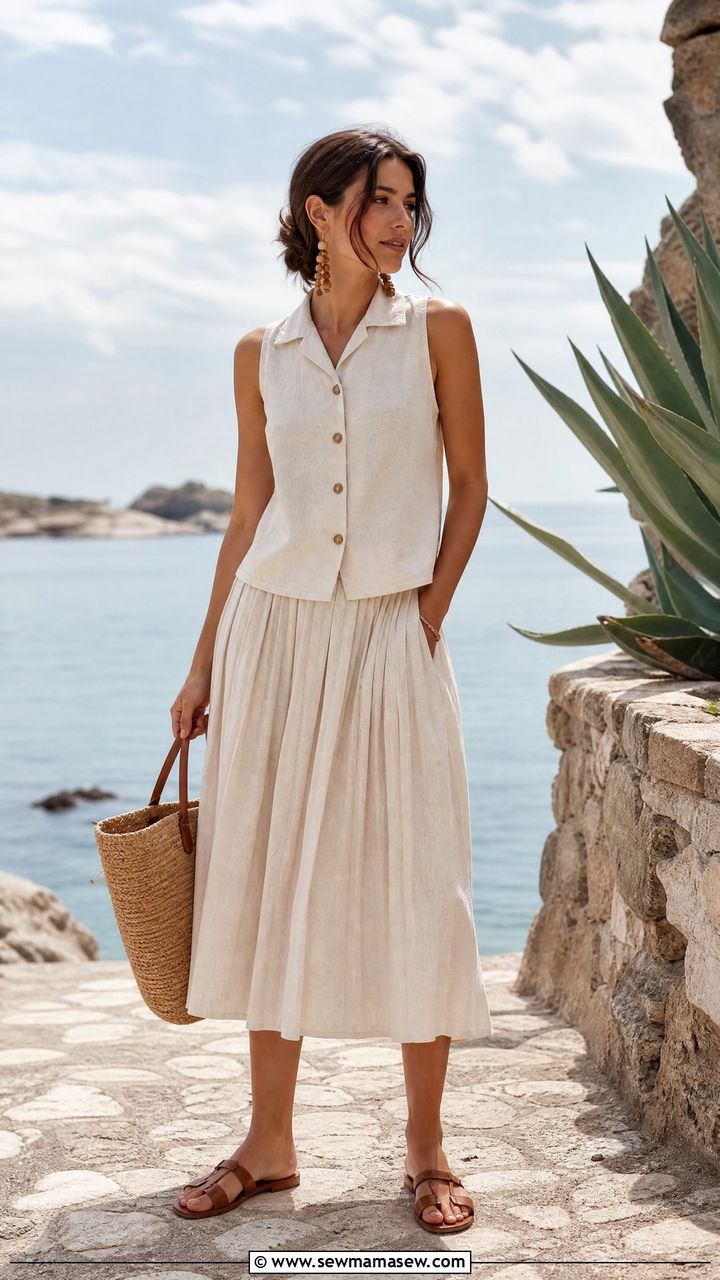Linen pleated skirt with sandals outfit - 25 spring pleated skirt outfit ideas