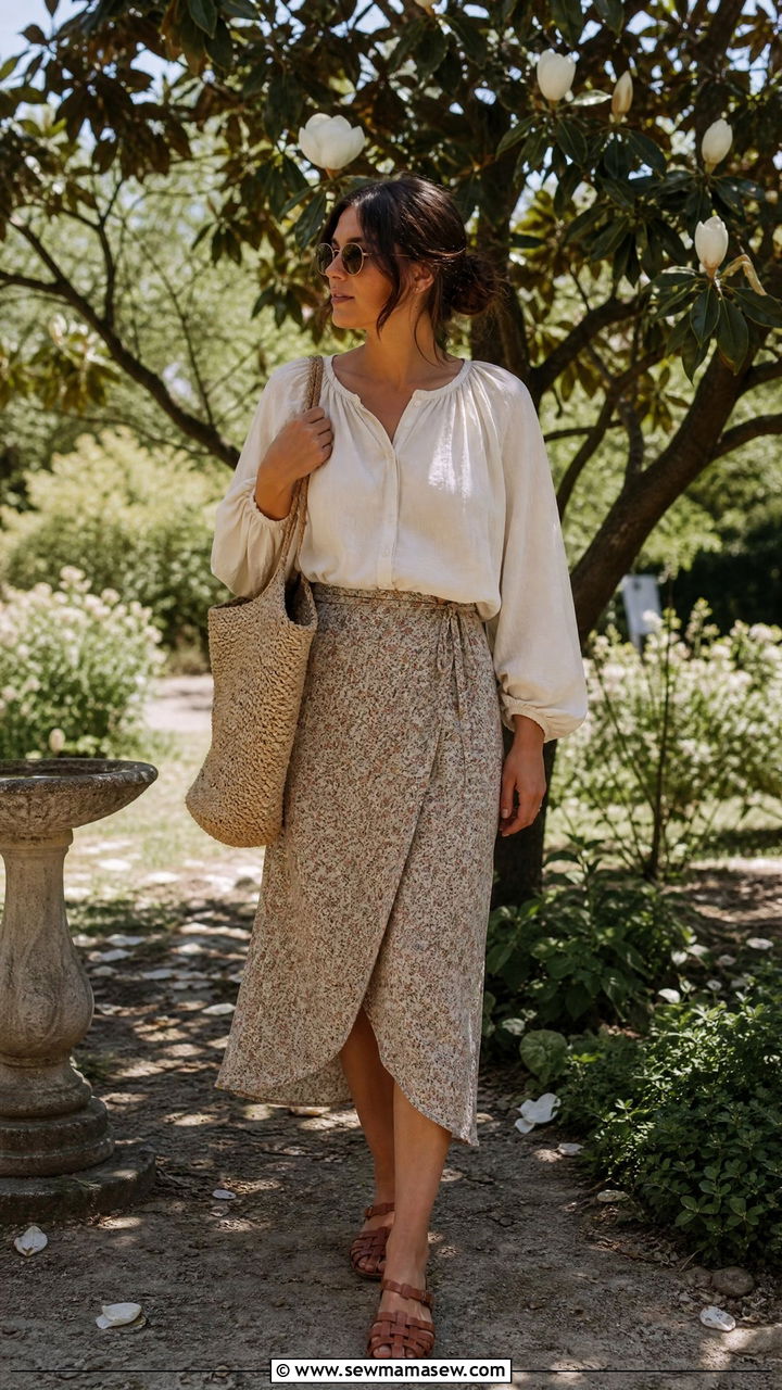 Linen poet blouse with wrap midi skirt and woven sandals - 25 Poetcore outfit ideas college professor aesthetic