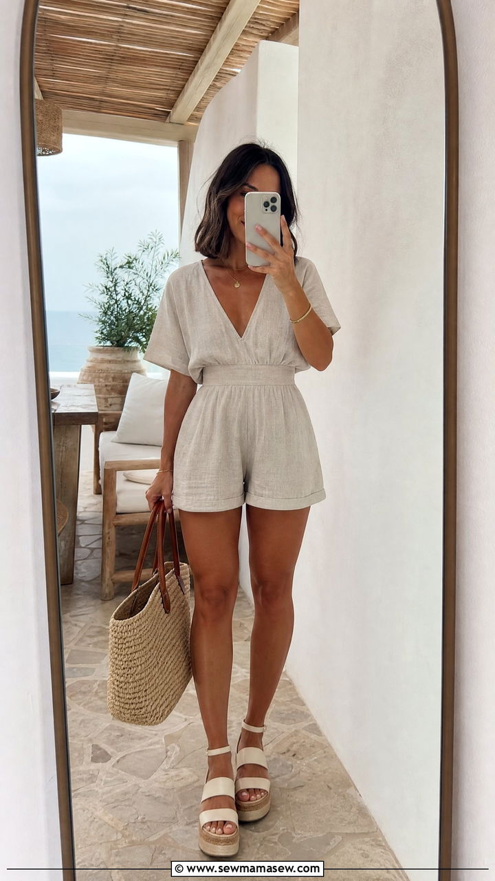 Linen romper with platform sandals and a woven tote - 30 Summer outfits for short women