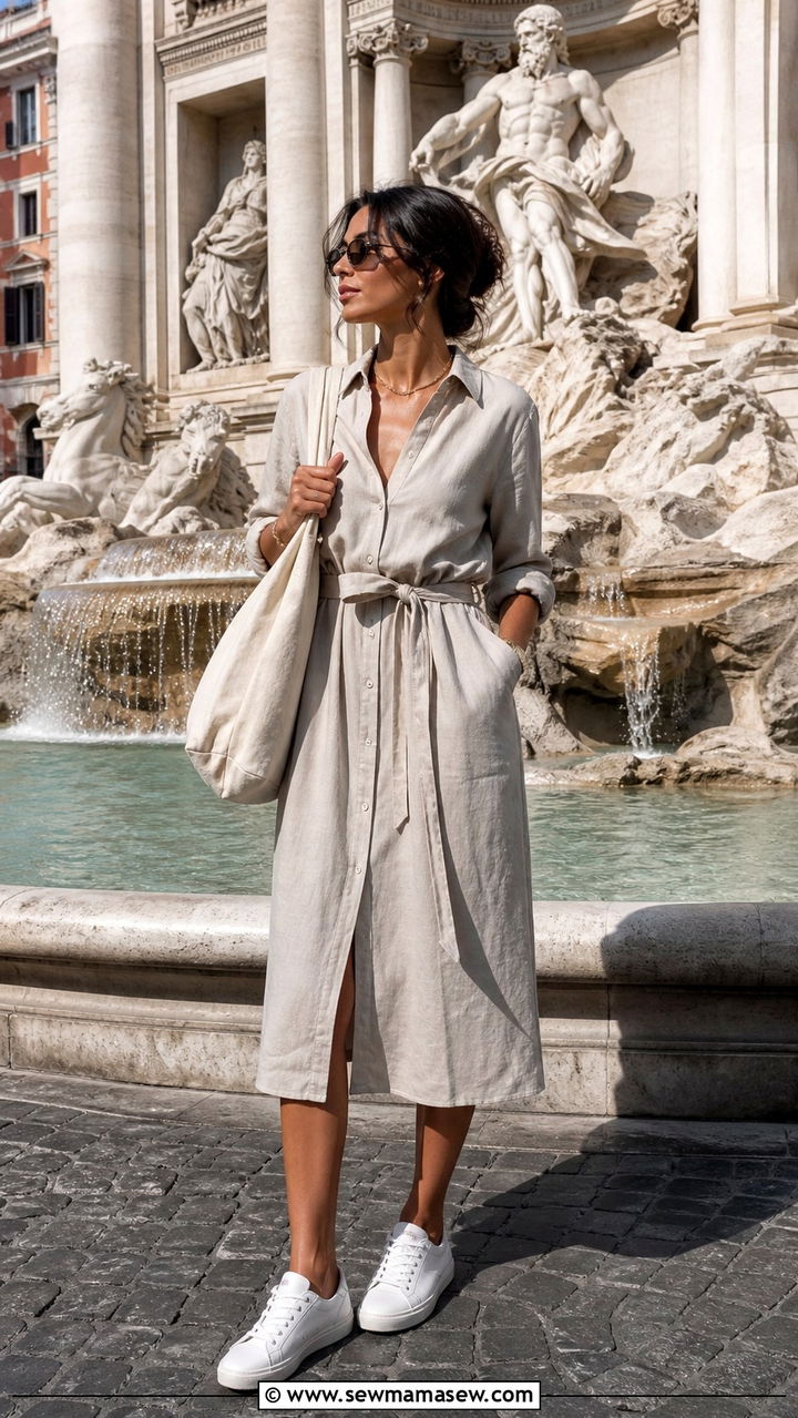 Linen shirt dress and white sneakers Rome - 40 What to wear in Rome