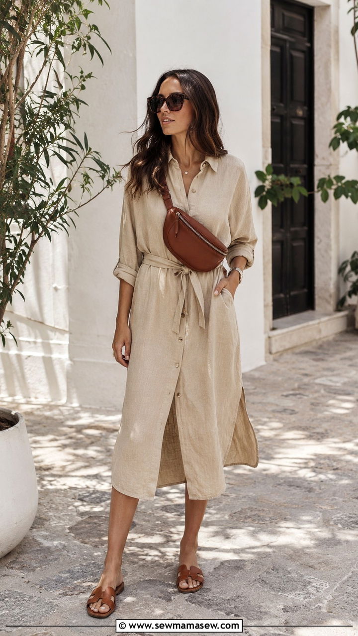 Linen shirt dress with belt bag spring outfit - 30 Spring outfits with dresses