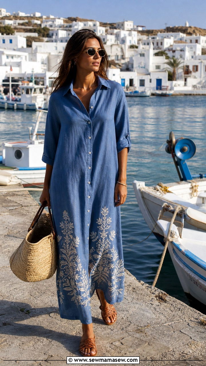 Linen shirt dress with embroidered details for Mykonos day - 40 What to wear in Mykonos