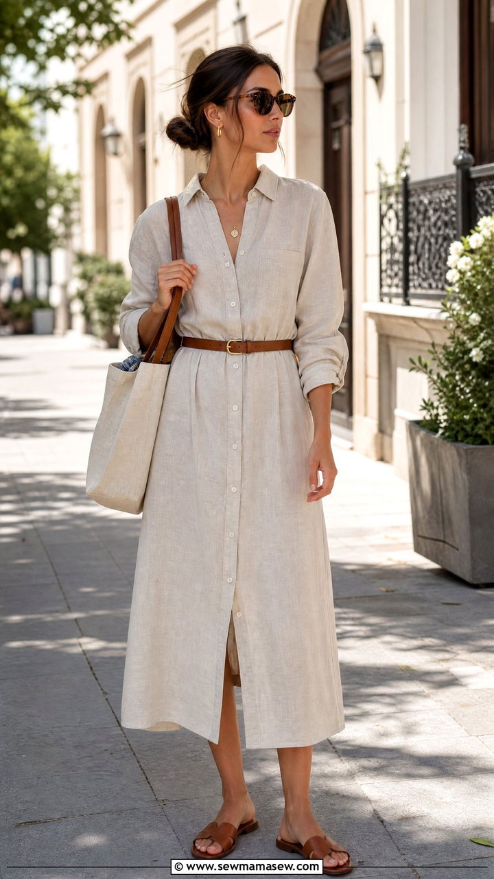 Linen shirt dress with leather belt and flat sandals - 25 Shirt dress outfit ideas with a belt