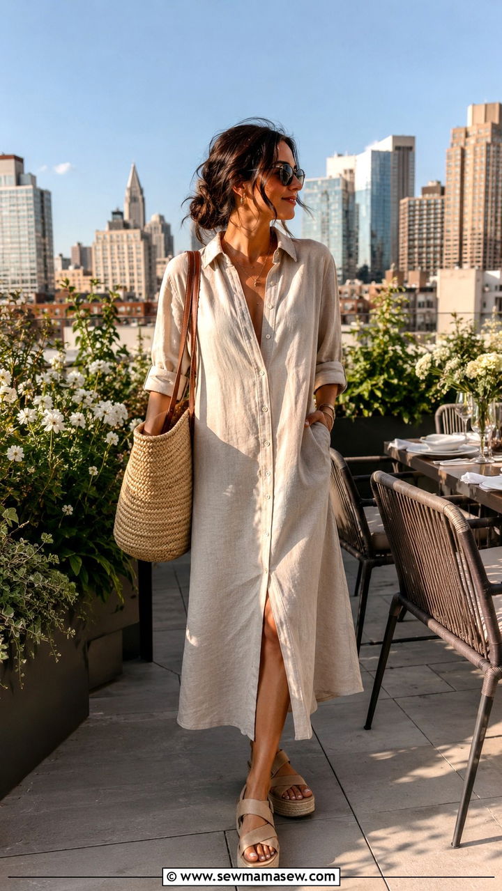 Linen shirt dress with platform sandals - 30 spring rooftop dinner outfit ideas