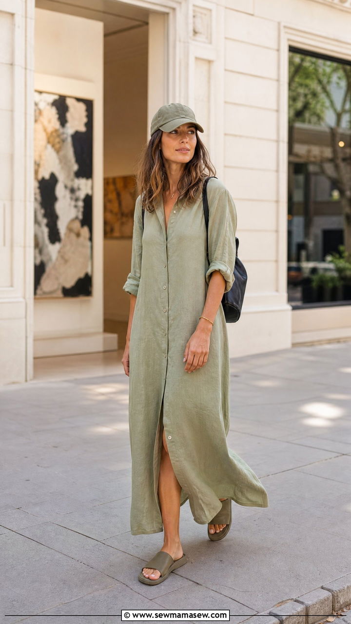 Linen shirt dress with slides outfit - 30 how to style shirt dress