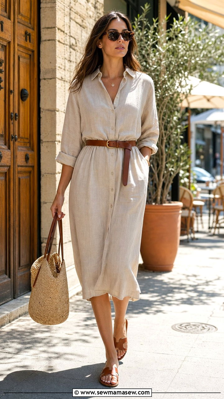 Linen shirt dress with straw bag brunch look - 35 Brunch outfits for tall women