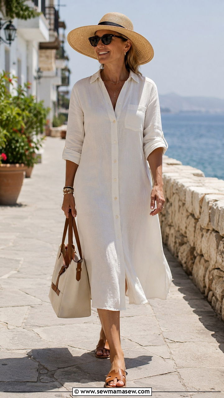 Linen shirt dress with straw hat - 30 Dress outfit ideas for women over 40