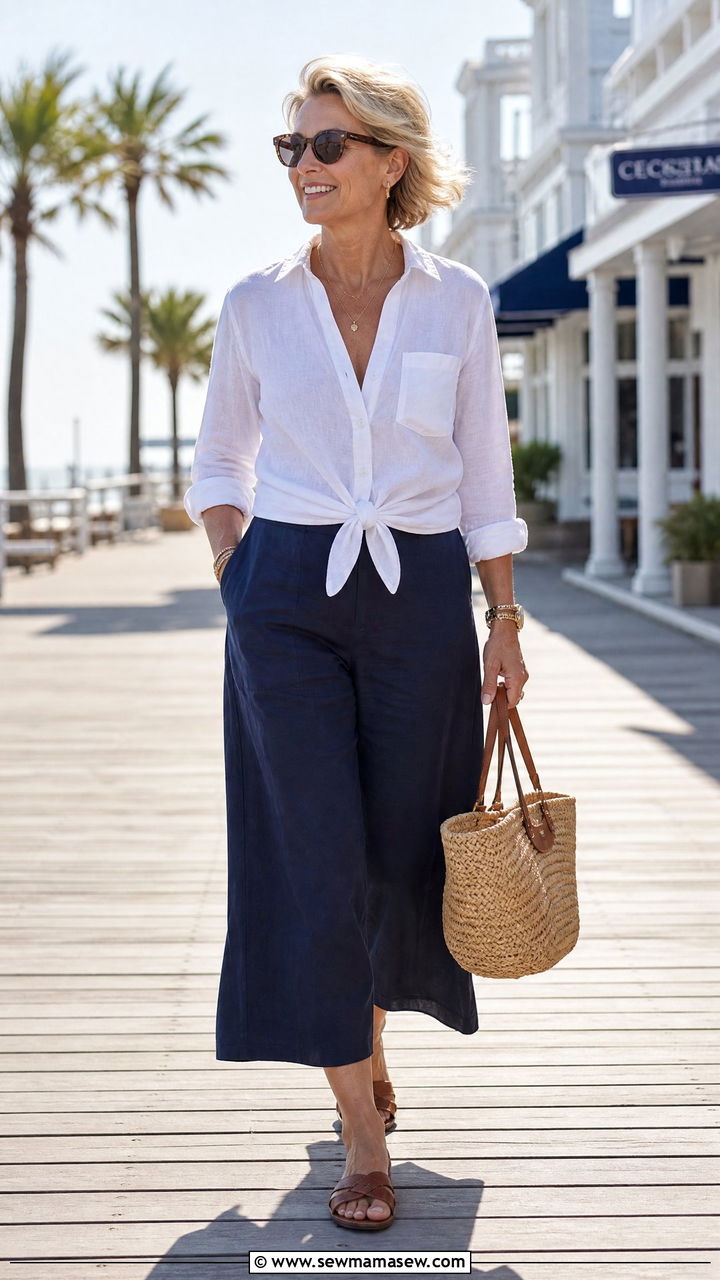 Linen shirt with culottes - 30 Elevated casual outfit ideas for women over 50