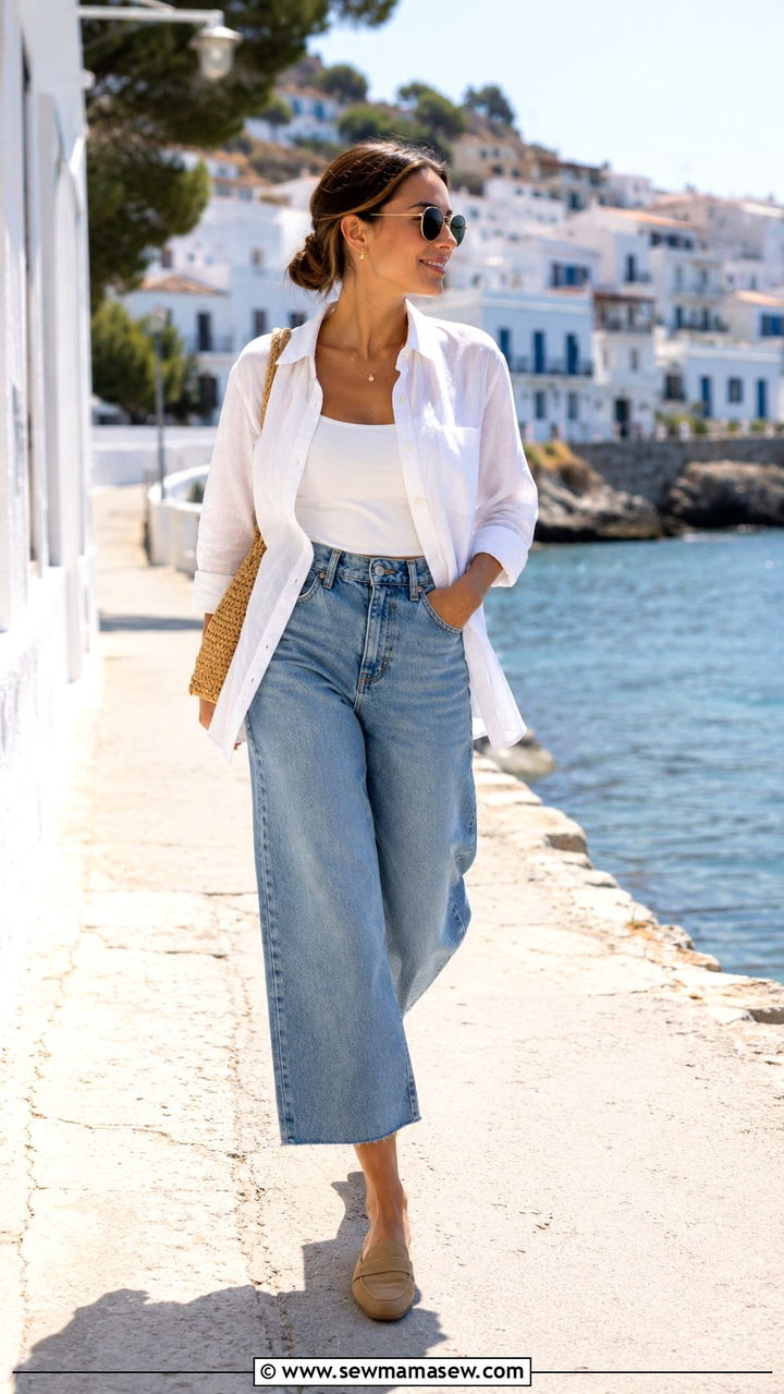 Linen shirt with high waisted cropped wide leg jeans and loafers - 30 High waisted jeans outfit ideas with loafers