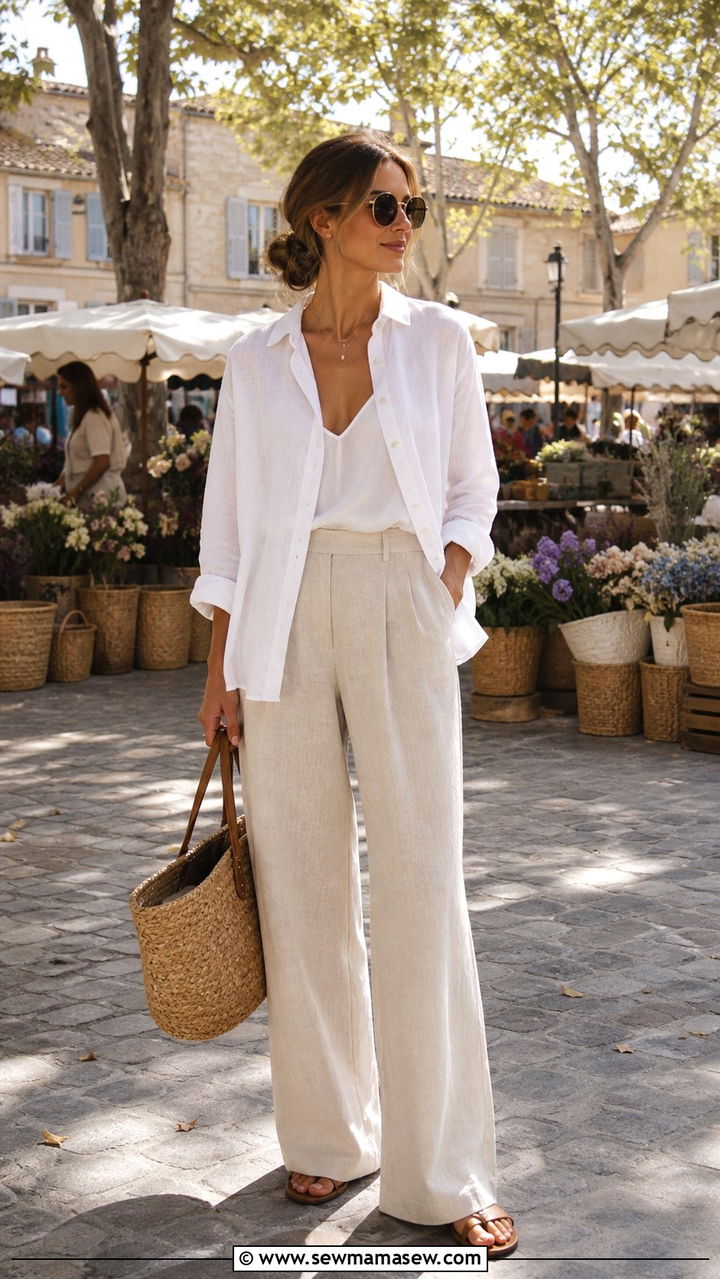 Linen shirt with relaxed trousers outfit - 40 Parisian chic outfit ideas