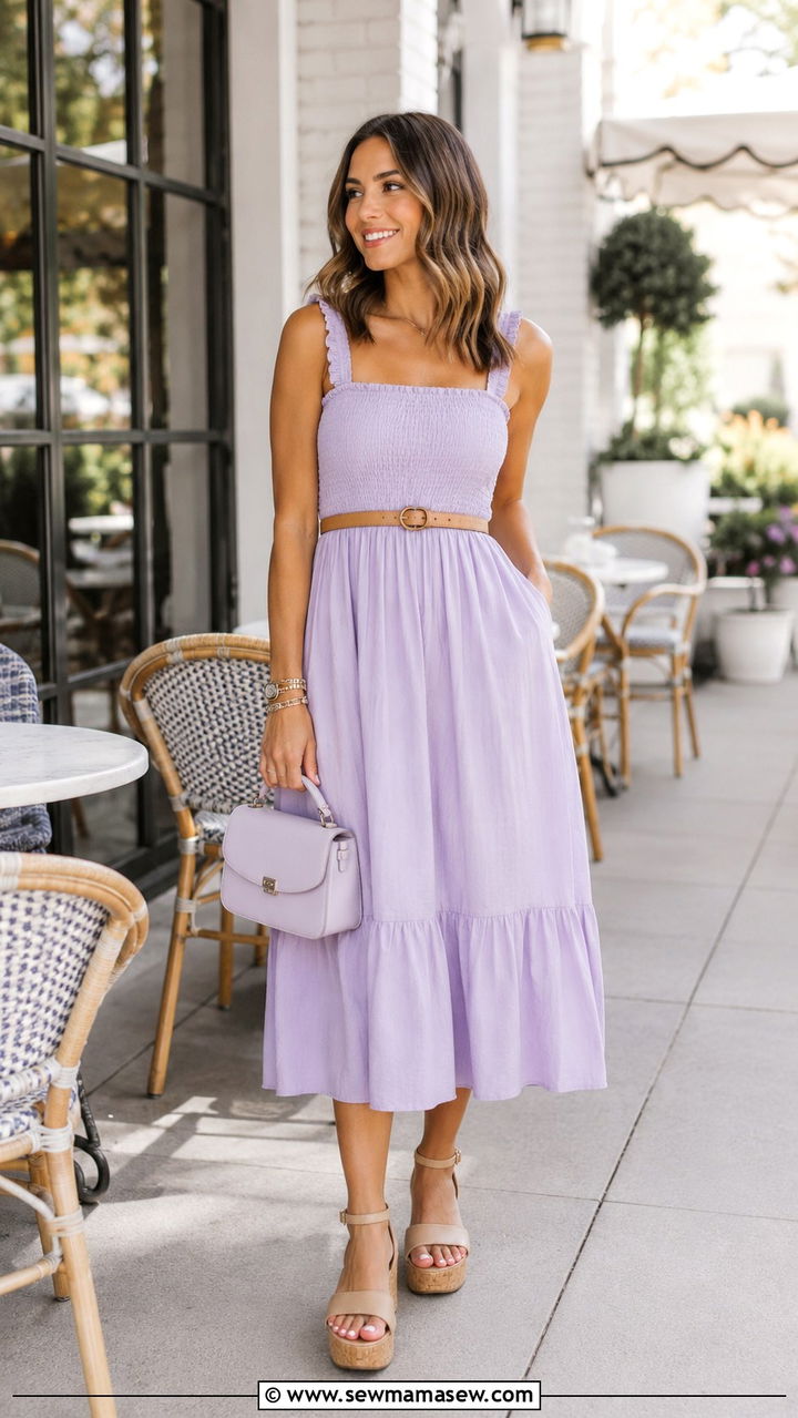 Linen sundress with espadrille wedges and woven bag - 30 Spring outfits with sundresses