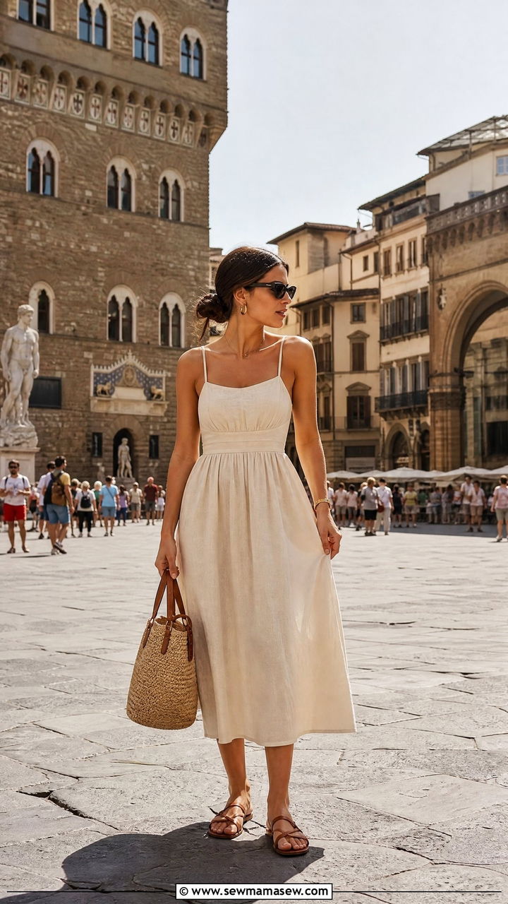 Linen sundress with strappy sandals Italy - 25 Italy outfits inspo