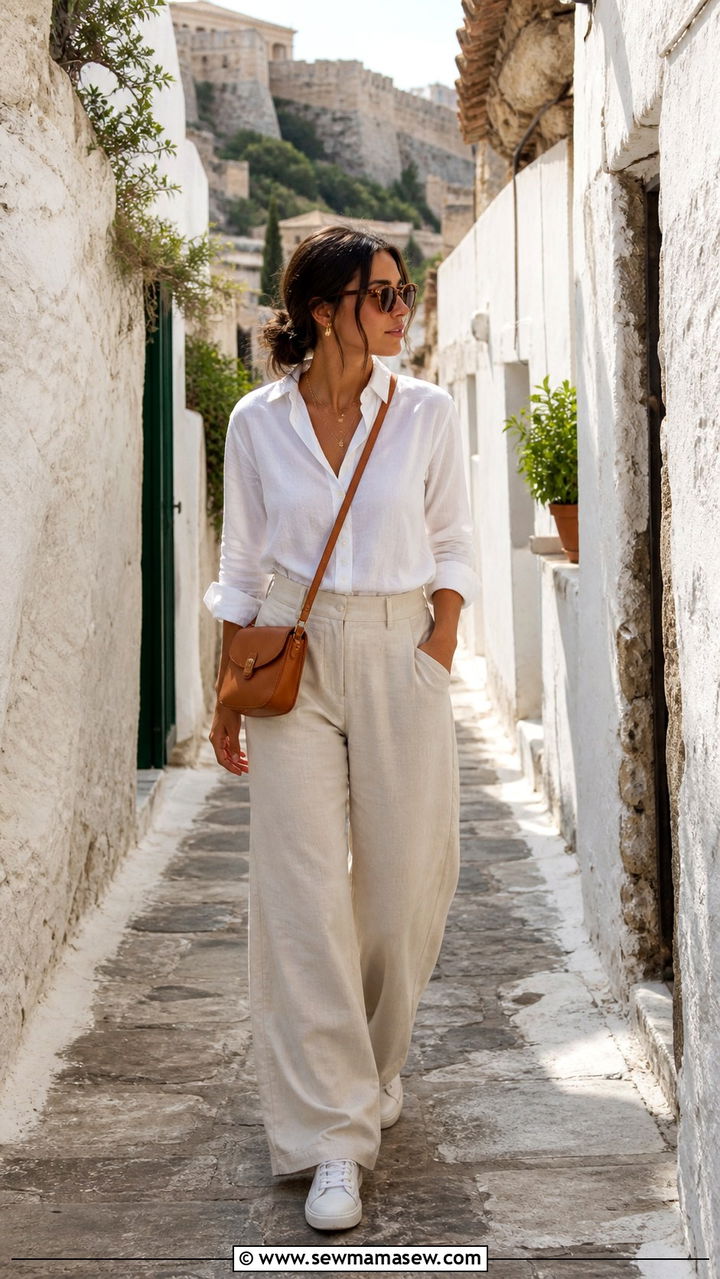 Linen trousers and cotton blouse outfit - 40 What to wear in Athens
