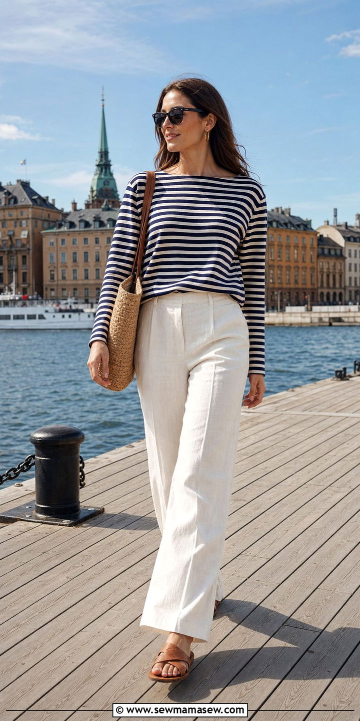 Linen trousers and striped top outfit - 25 Stockholm outfit ideas