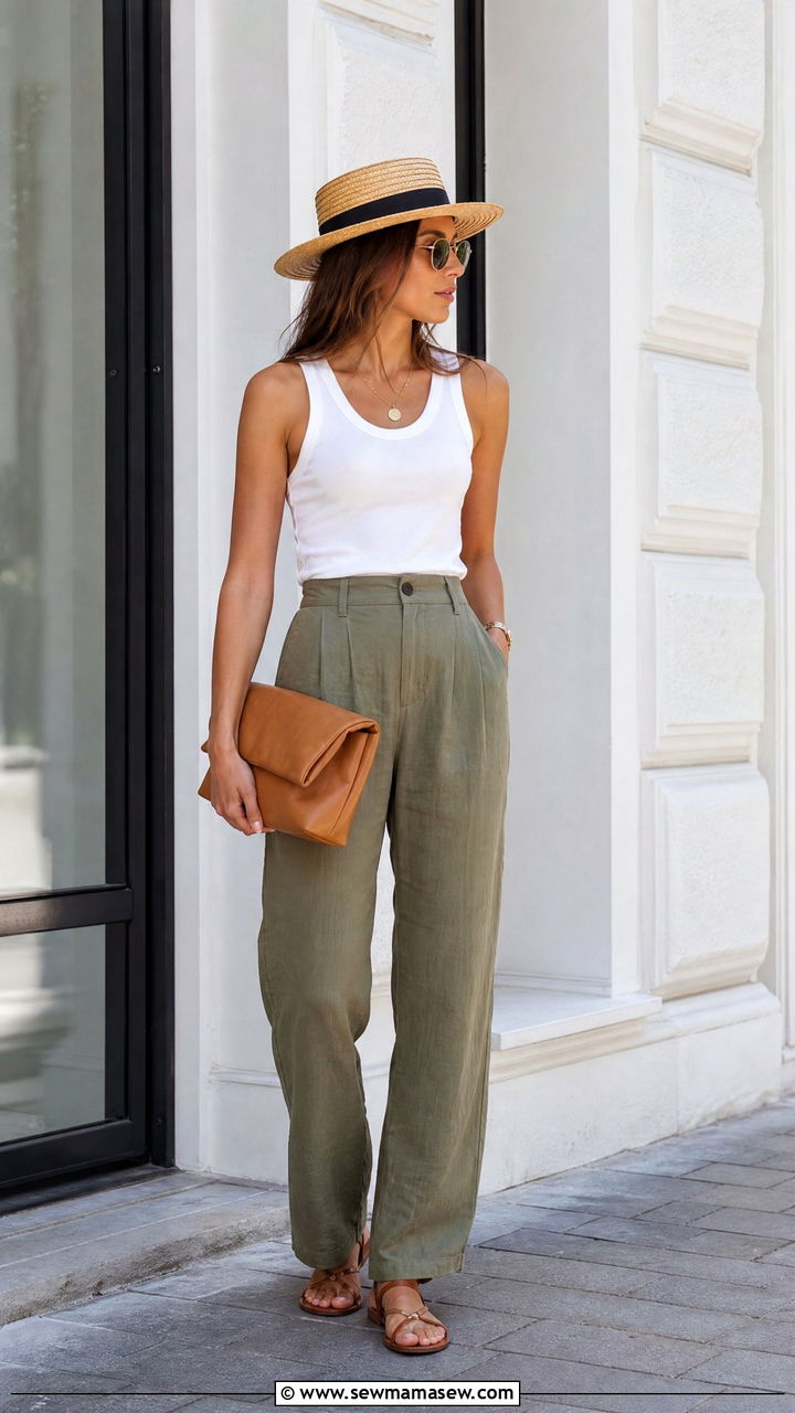 Linen trousers and tank top with straw hat - 30 summer outfits with straw hat