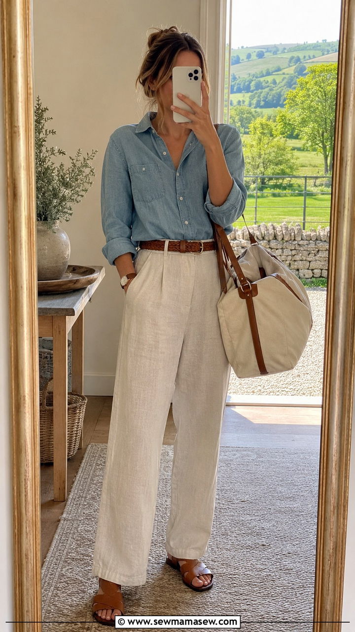 Linen trousers with a chambray shirt - 30 Spring cottage outfits
