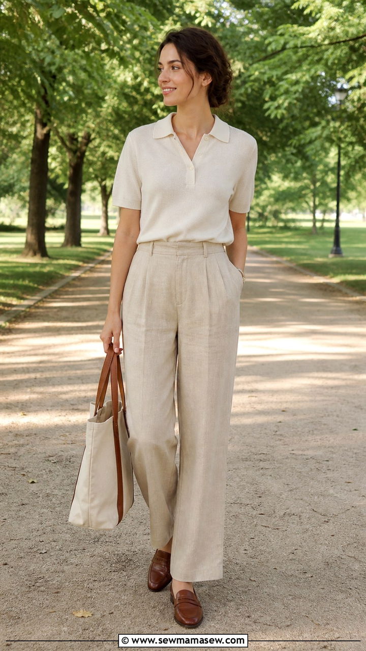 Linen trousers with a polo top and leather loafers - 40 spring casual outfit ideas