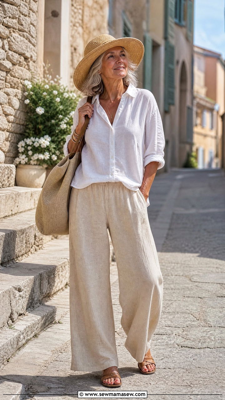 Linen trousers with a relaxed shirt - 30 French girl outfit ideas for women over 60