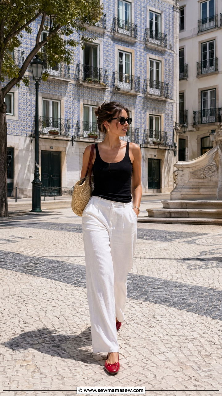 Linen trousers with a simple tank and red ballet flats Lisbon outfit - 35 Europe travel outfits for women