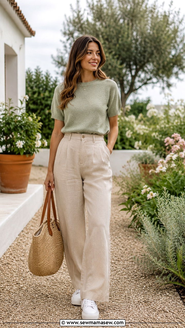 Linen trousers with lightweight sweater and platform sneakers - 30 Overcast day outfit ideas