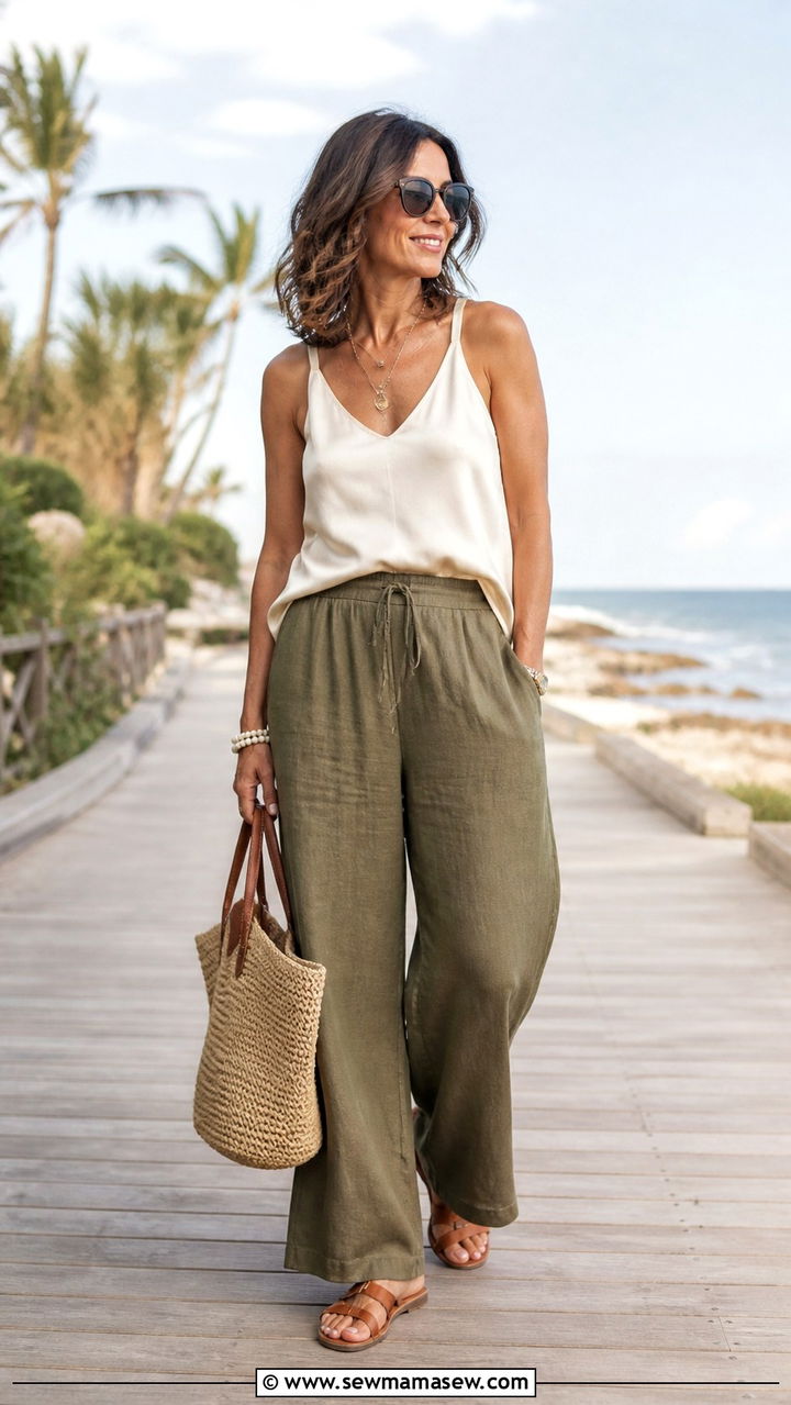 Linen trousers with silk tank top - 40 spring outfit ideas for women over 40