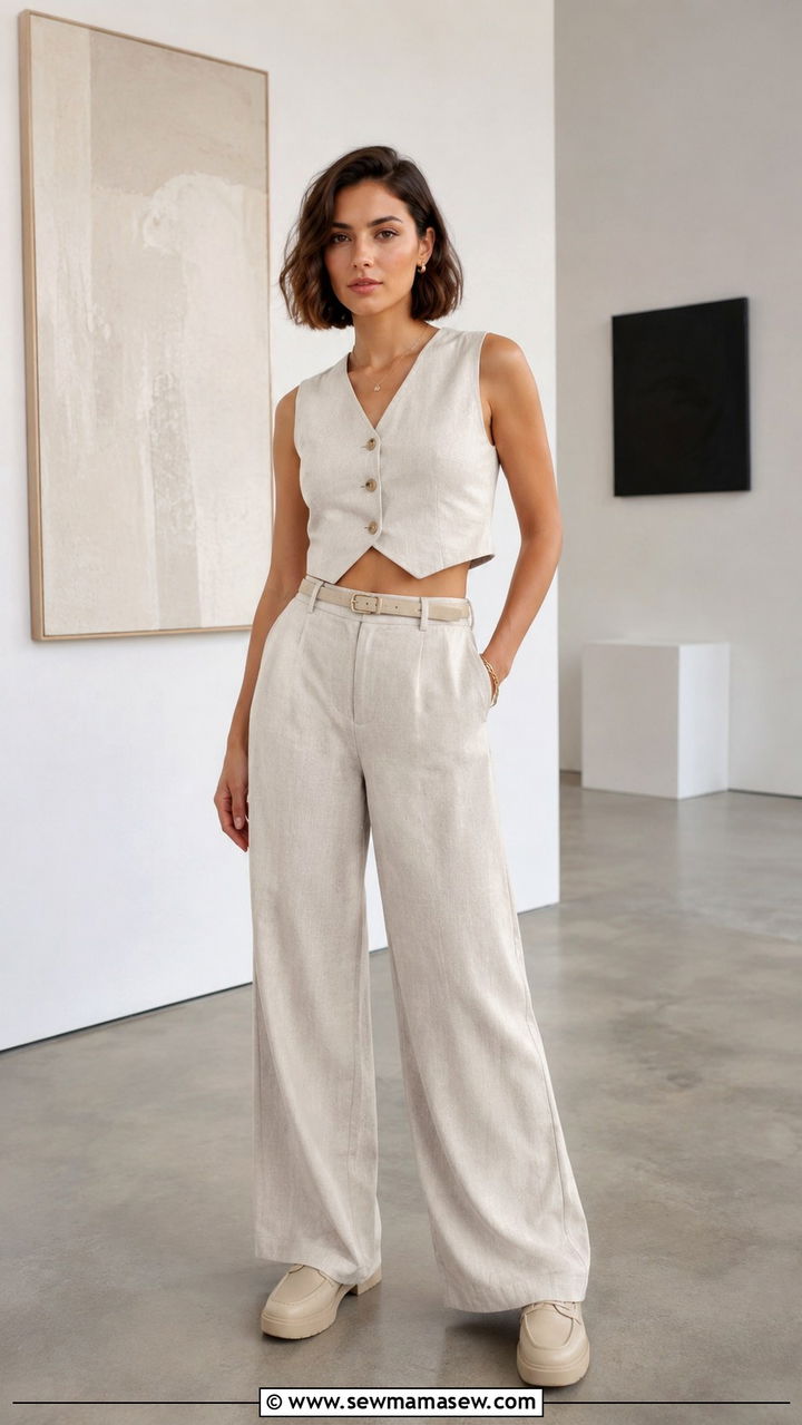 Linen trousers with sleeveless blouse outfit - 20 Spring outfits for short legs