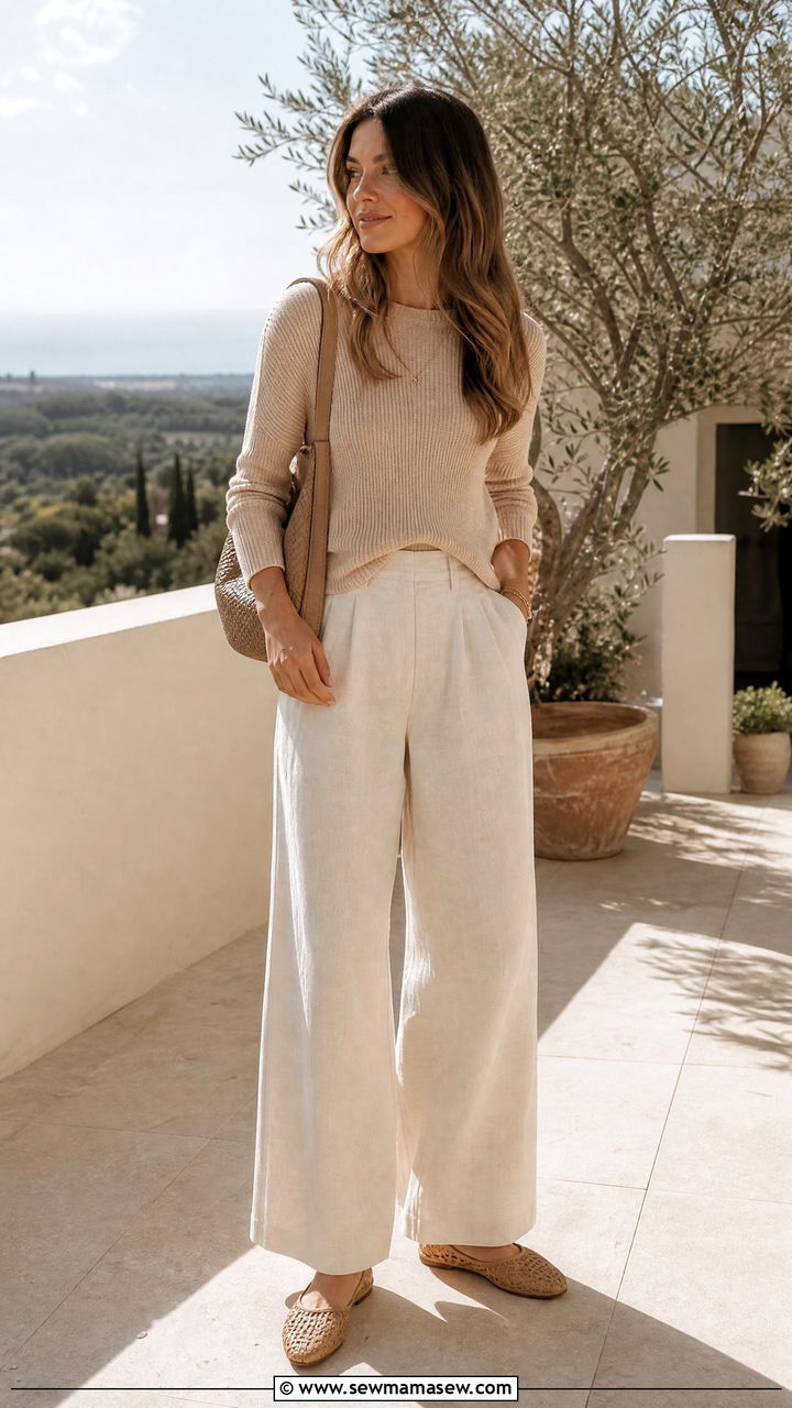 Linen trousers with thin knit top and flats - 20 Spring outfits for 60-70 degree weather