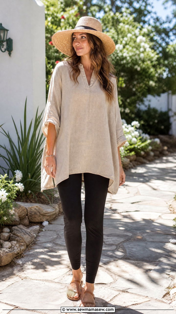 Linen tunic and breathable leggings with a wide brim hat - 30 Loungewear outfit ideas summer