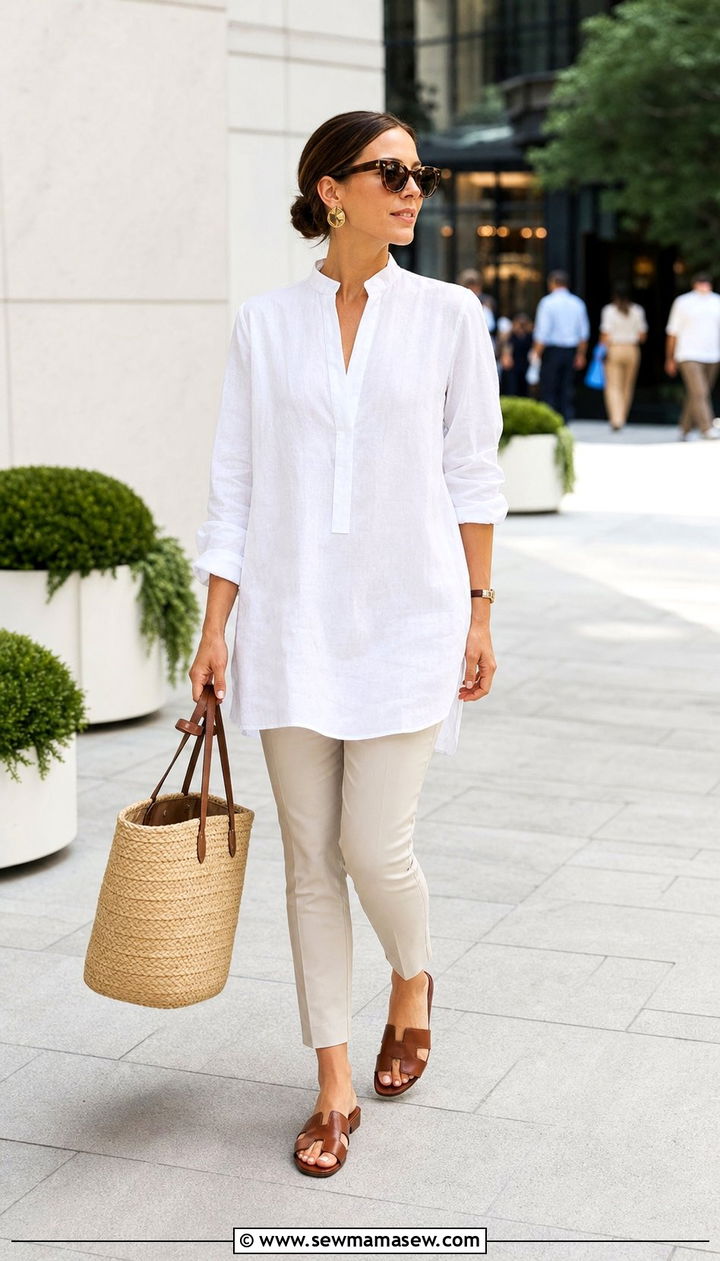 Linen tunic and slim pants travel outfit - 25 Coastal grandmother travel outfits
