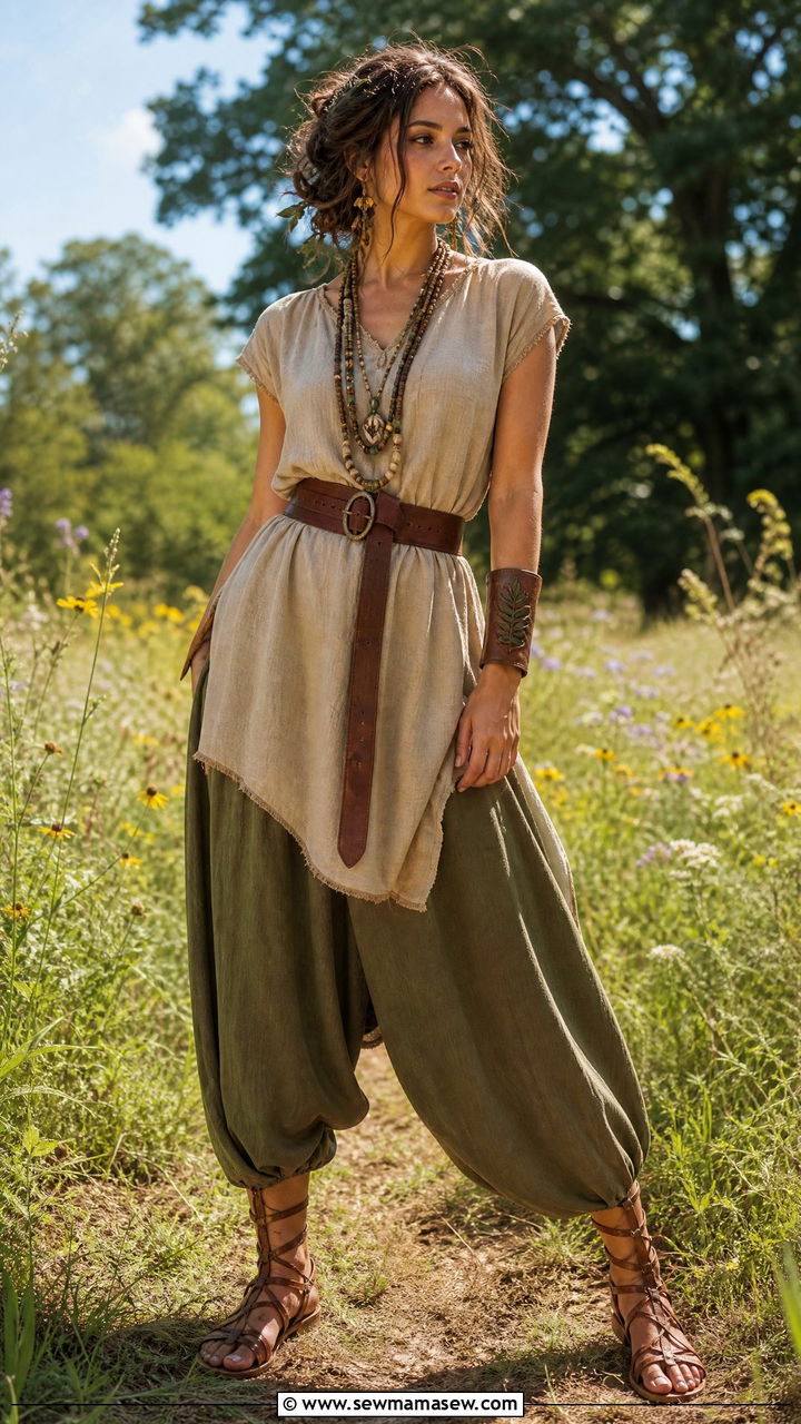 Linen tunic with leather belt harem pants and gladiator sandals - 30 Goblincore outfit ideas