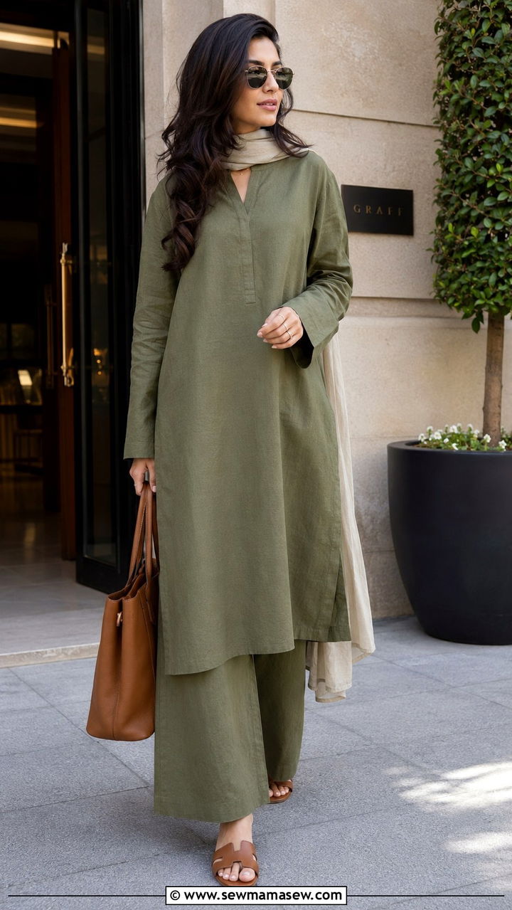 Linen tunic with wide leg trousers and scarf - 30 Modest outfit ideas for Eid