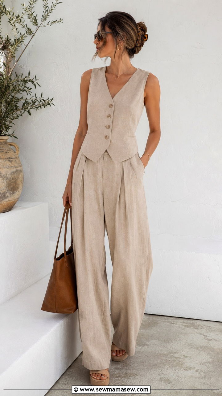 Linen vest and matching wide leg trousers - 30 spring cottagecore outfit ideas