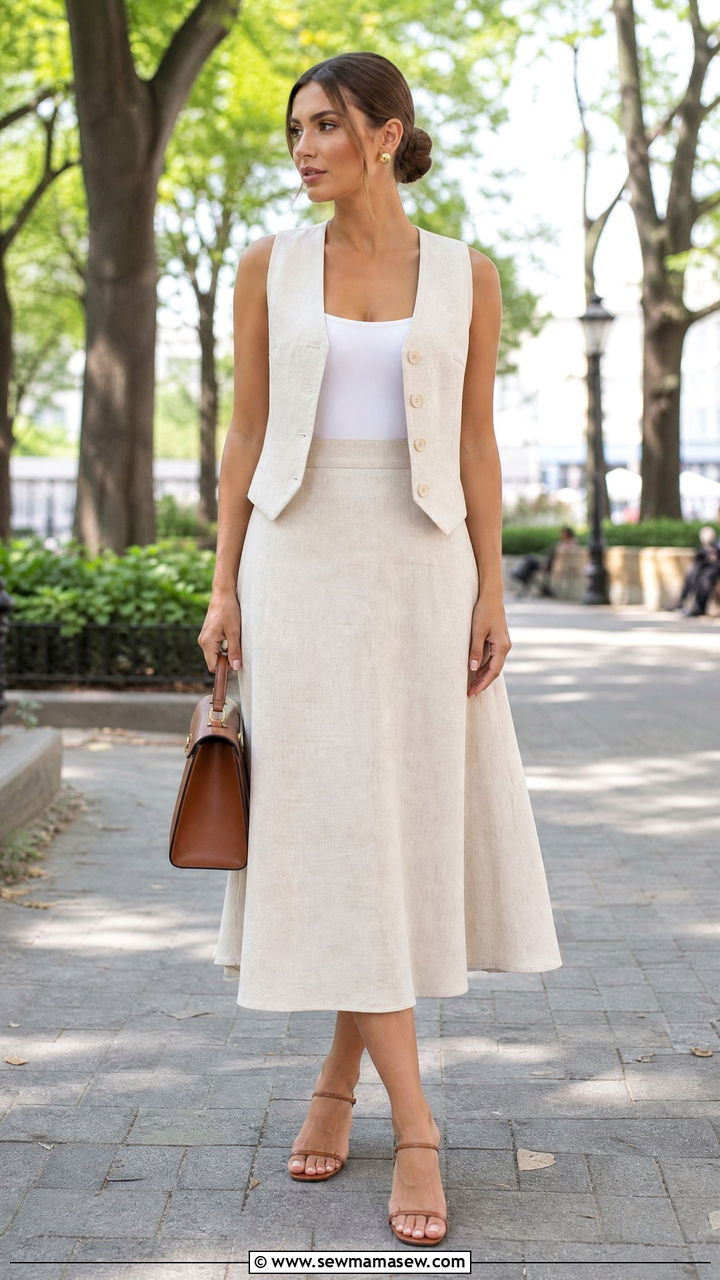 Linen vest and midi skirt set outfit - 25 Linen matching set outfit ideas